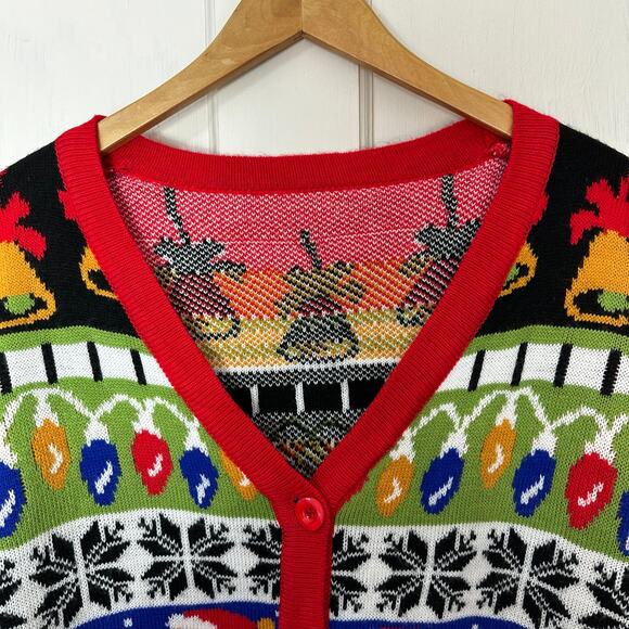 Ugly Christmas Cardigan Sweater Santa Snowman Bells Lights Gifts Womens XL - Picture 3 of 8